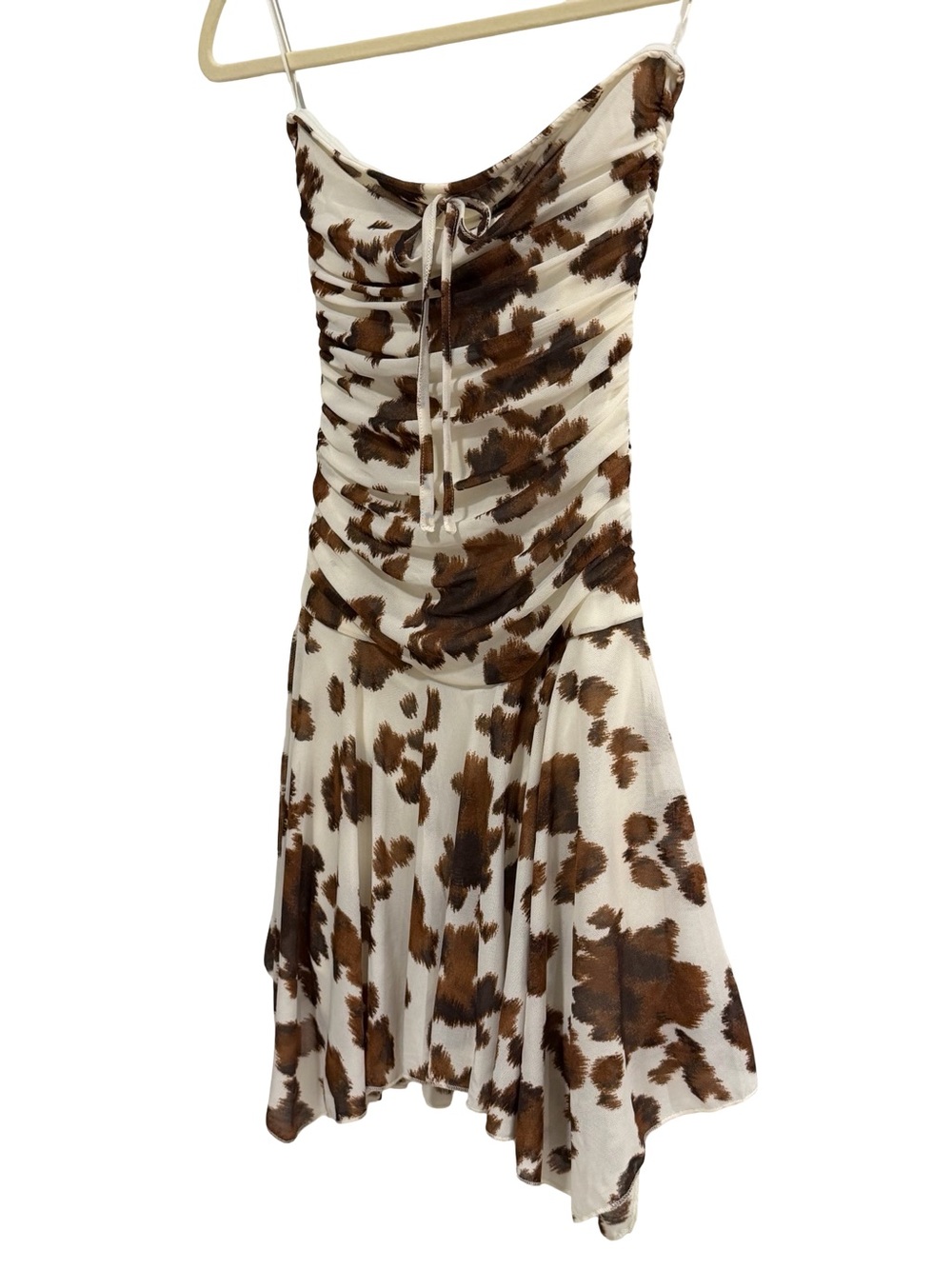 Cow Print Sleeveless Ruched Mini Dress Brown Cream S NWT - Picture 6 of 8